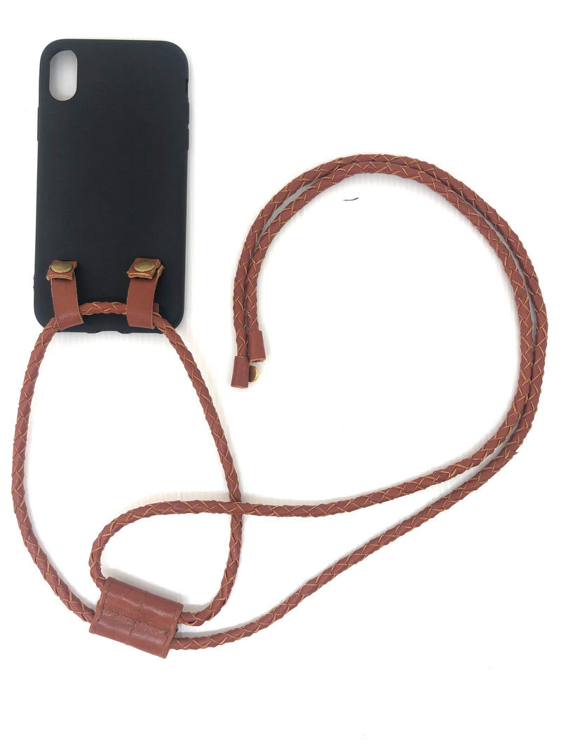 Iphone Hülle schwarz, rehbrauner Lederstring