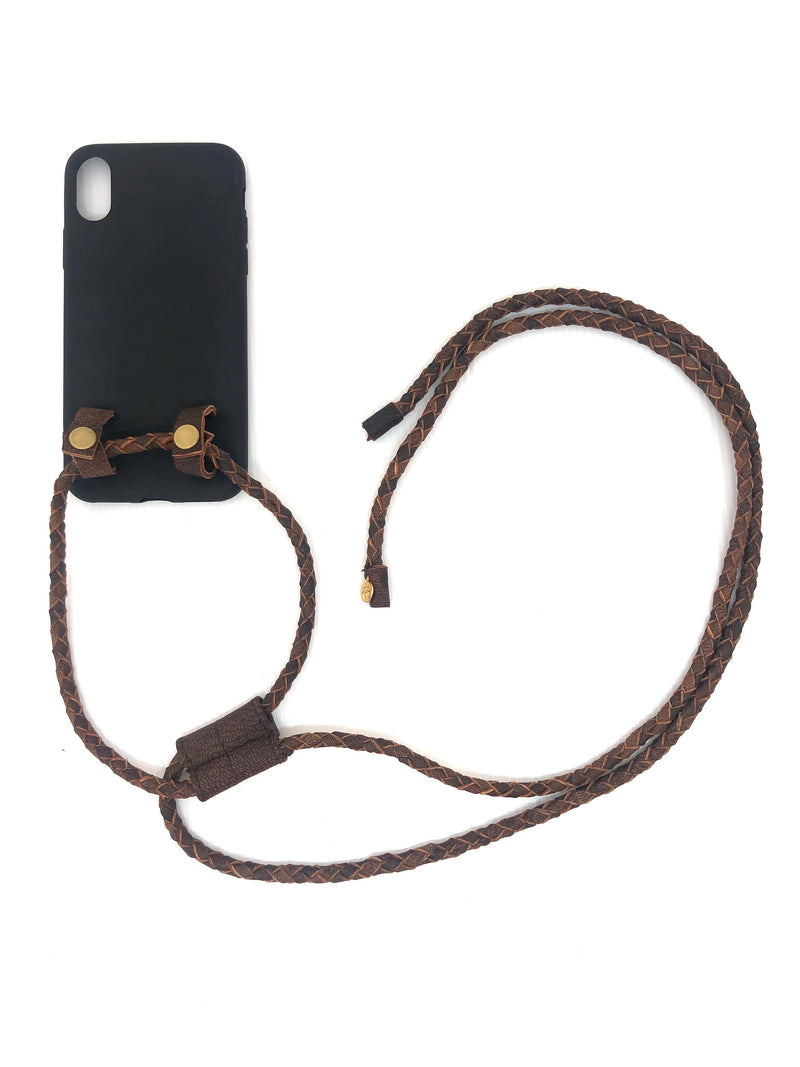 Iphone Hülle schwarz, dunkelbrauner Lederstring