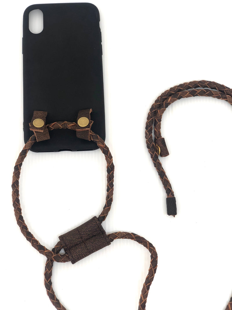 Iphone Hülle schwarz, dunkelbrauner Lederstring