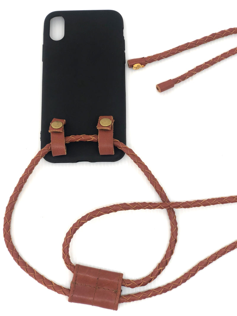 Iphone Hülle schwarz, rehbrauner Lederstring